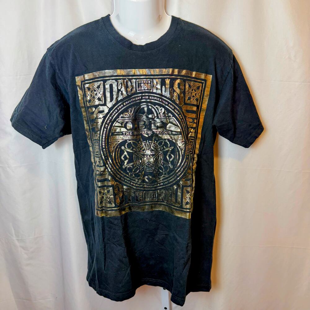 OBEY Graphic T-Shirt Supreme Record Black Gold Men’s Size L Streetwear Music
